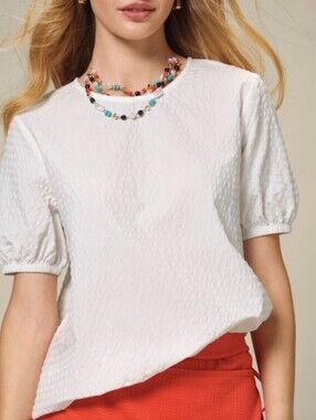 White Round Neck Short Sleeve Blouse With Elastic Waist Brand New Small